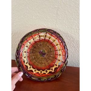 Vintage Colorful Woven Wicker Ratan Wall Hanging Basket Boho Western eclectic